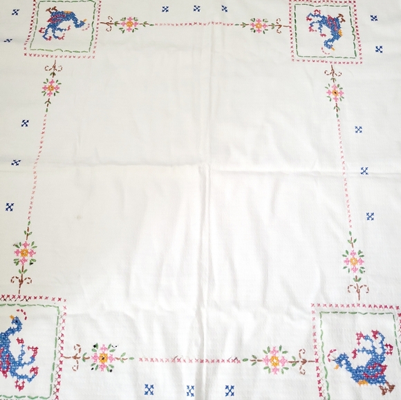 Vintage Peacock Cross Stitched White Cotton Table Square 37" x 33" - Picture 4 of 8